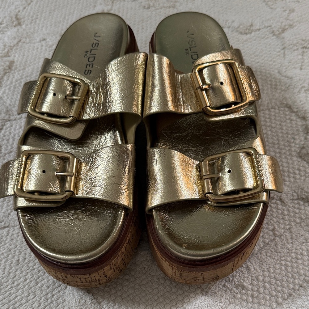 Gold J Slides Sandals with Buckles